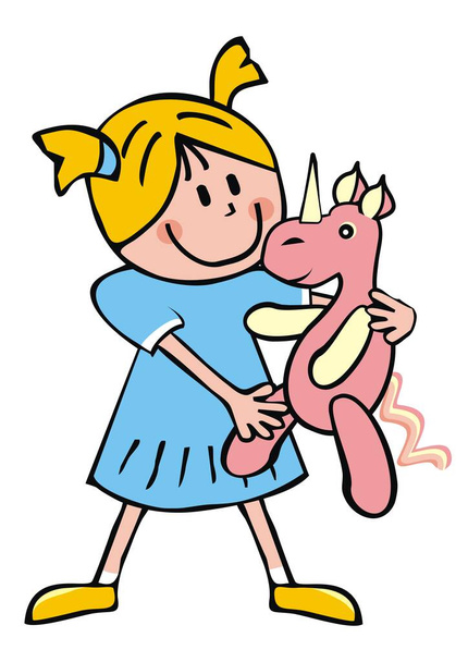 Petite fille avec licorne rose, illustration vectorielle - Vecteur, image