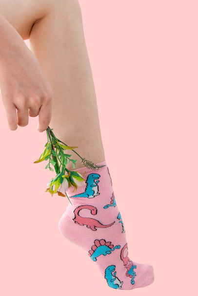 女性のunshaven足でピンクの靴下と恐竜でピンクの背景. - 写真・画像
