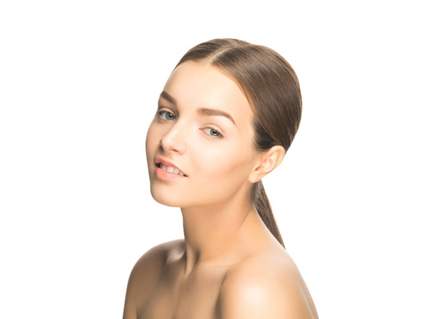 Headshot of young pretty female clean naturally beautiful face isolated on white. - Valokuva, kuva