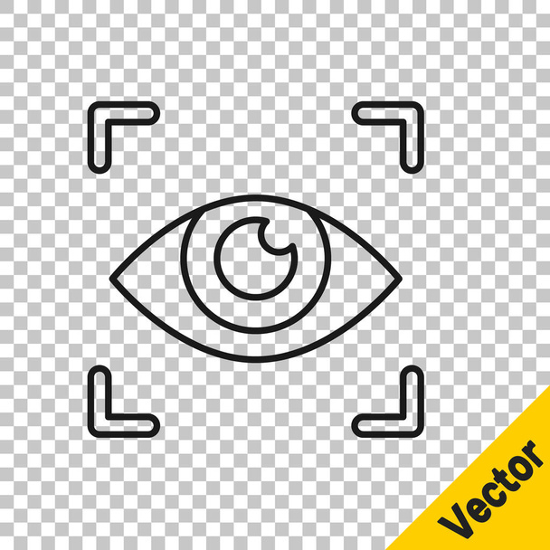 Linea nera icona di scansione degli occhi isolata su sfondo trasparente. Occhio di scansione. Controllo di sicurezza. Segno oculare informatico. Vettore. - Vettoriali, immagini