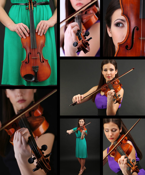 Music Collage. Beautiful young girl with violin - Foto, Imagen