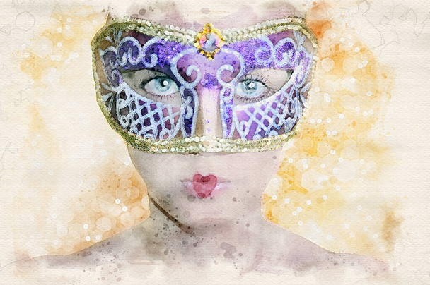 Photo of a woman in carnival mask  edited like watercolor drawing - Photo, Image
