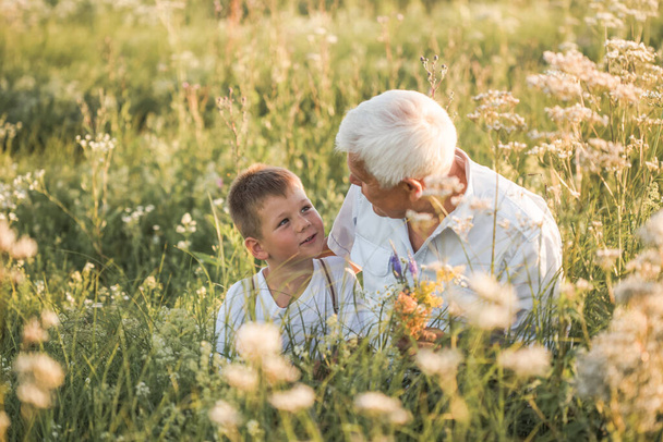 family, generation, communication and people concept - happy grandfather and grandson walking at summer meadow - Photo, Image