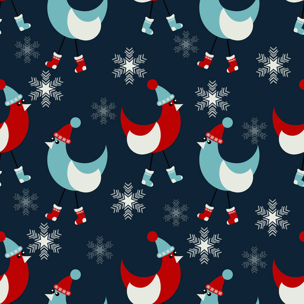 Cartoon Christmas birds in Christmas hats, boots. Snowflakes. Seamless Christmas vector illustration - Vector, Image