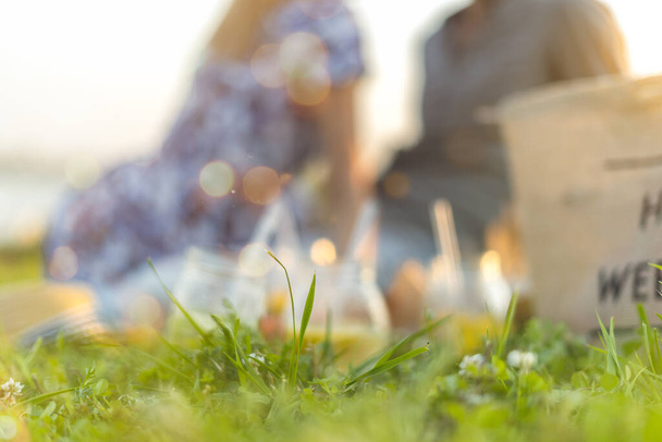 Φρέσκια Σπιτική Λεμονάδα με lime και λεμόνι στο γρασίδι στο ηλιόλουστο πάρκο. Θολή πράσινο γρασίδι και άνθρωποι φόντο. Υπαίθρια Πικνίκ, έννοια χαλάρωσης. Γεια σου Σαββατοκύριακο - Φωτογραφία, εικόνα