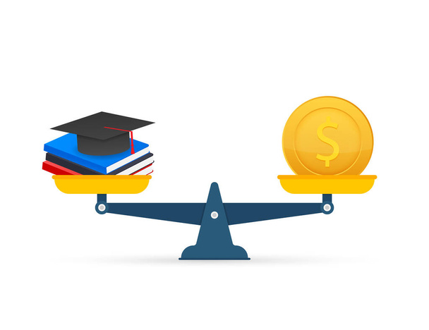 Concept of investment in education with coins books and scales. Vector stock illustration. - Vector, Image