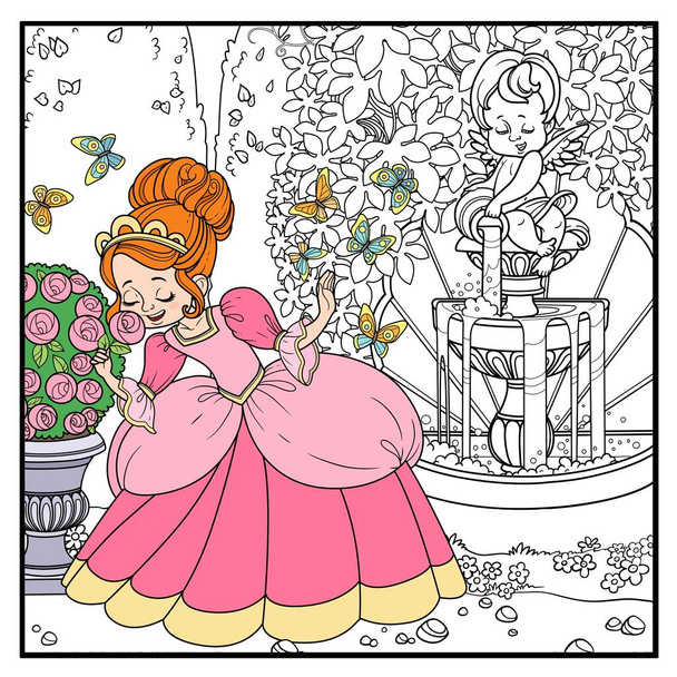 Beautiful princess sniffs a rose flowe in park with a cupid pouring water from a jug a fountain outlined for coloring page - Vector, afbeelding