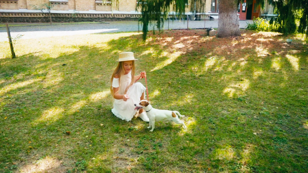 cámara lenta de niño en vestido sentado cerca de jack russell terrier fuera - Imágenes, Vídeo