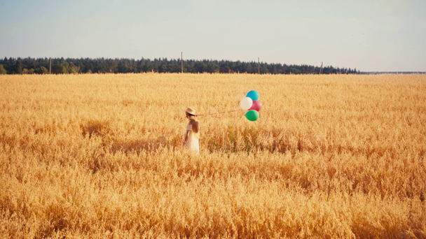 девушка в белом платье и соломенной шляпе ходит с воздушными шарами на пшеничном поле - Кадры, видео