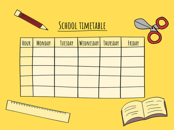 Modèle d'horaire scolaire sur fond jaune avec des objets de papeterie. Illustration dessinée à la main. Prêt à imprimer. - Vecteur, image