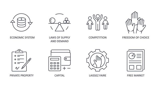 Market economy icons. Vector set icon financial symbol editable stroke. Economic system, laws of supply and demand private property freedom of choice. Competition free market laissez faire capital. - Vector, Image