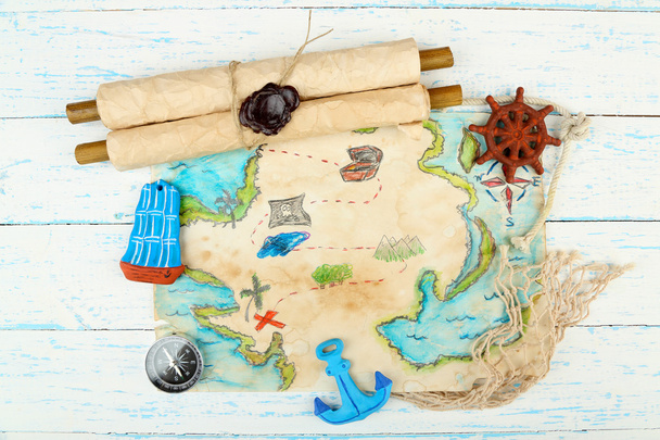 Treasure map with sea accessories, on wooden background - Photo, Image