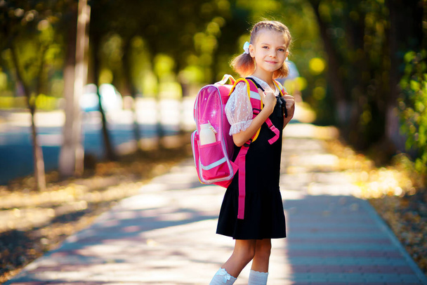 Beautiful little girl with backpack walking in the park ready back to school, fall outdoors, education concept - Zdjęcie, obraz