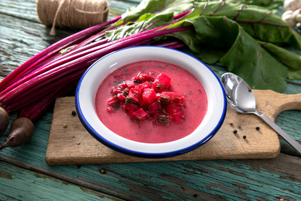 Tasty homemade beetroot soup close up - Photo, Image
