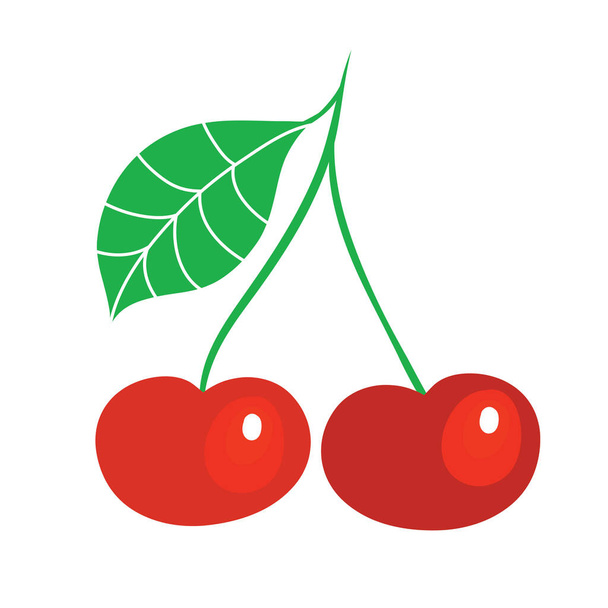 Two red cherries with one green leaf. Flat illustrations vector. Ripe fruit cherry berry with a steamed stalk. Pair of cherries isolated on white - Vector, Image