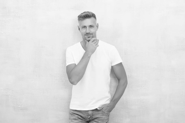 Something on his mind. Thinking concept. Mature man thinking. Overcome problems. Psychological crisis. Mature guy wear white shirt looks stylish. Thinking find solution. Decide. Make decision - Foto, Bild