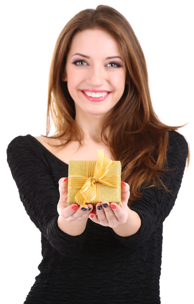 Attractive woman with gift box, isolated on white - Fotoğraf, Görsel