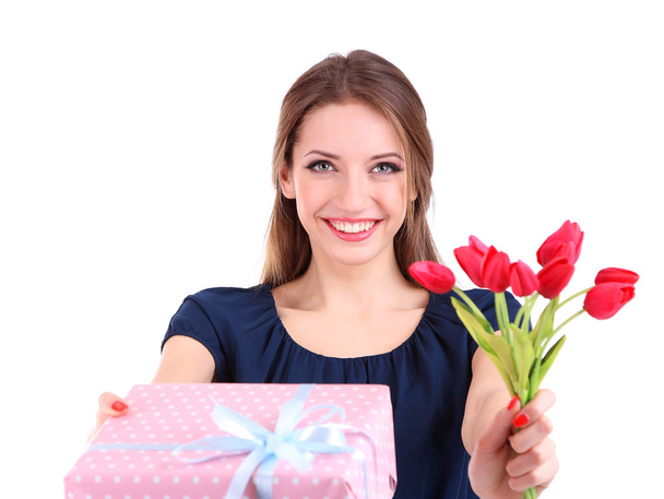 Attractive woman with gift box and flowers, isolated on white - Valokuva, kuva