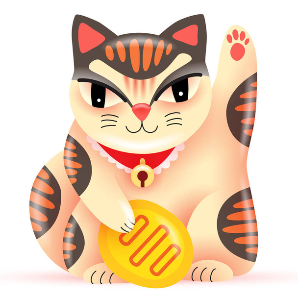Illustrazioni vettoriali del fortunato gatto Maneki Neko con moneta in una zampa su sfondo bianco. Formato eps10 vettoriale. - Vettoriali, immagini