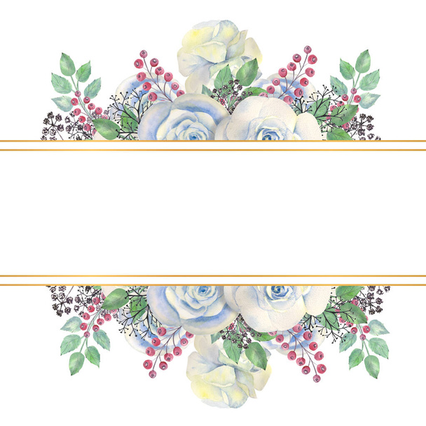 Fiori di rosa blu, foglie verdi, bacche in una cornice geometrica dorata. Concetto di matrimonio con fiori. Composizione ad acquerello per la decorazione di biglietti di auguri o inviti - Foto, immagini