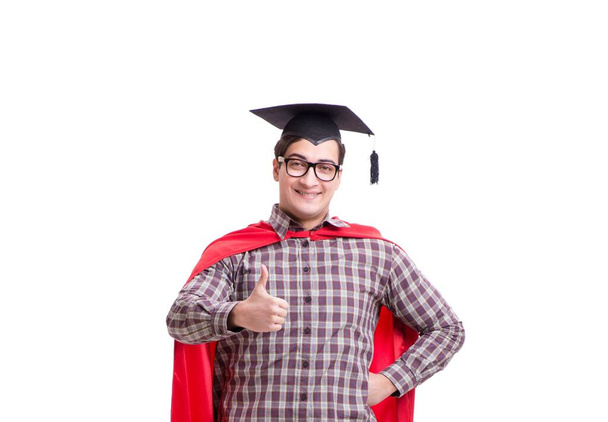 Superhelden-Student mit Mörsermütze isoliert - Foto, Bild