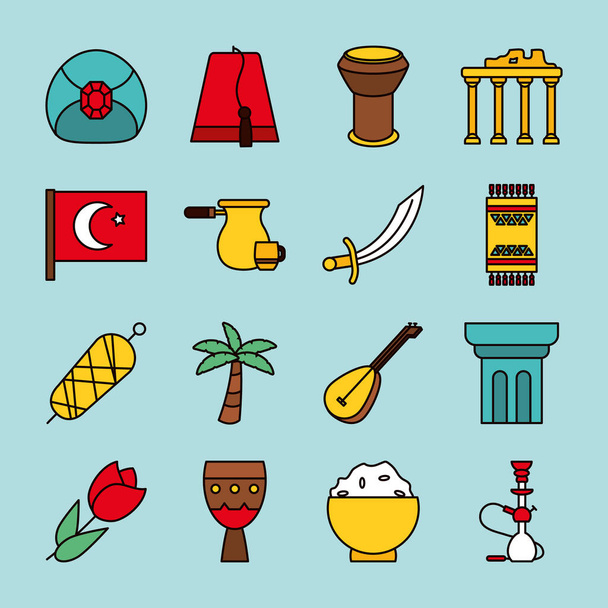 turecké zříceniny a turecké ikony set, linka a výplň styl - Vektor, obrázek