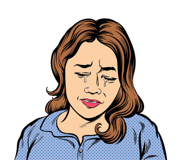 Weinende Frau mit geschlossenen Augen. Pop-Art-Vektorillustration auf weißem Hintergrund. - Vektor, Bild