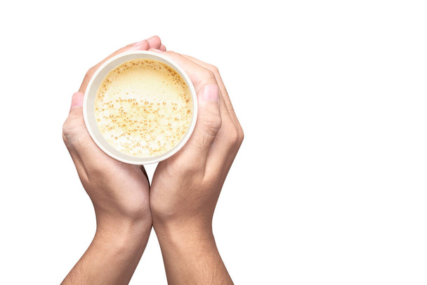 Human hands holding cup of coffee isolated over white background - Valokuva, kuva