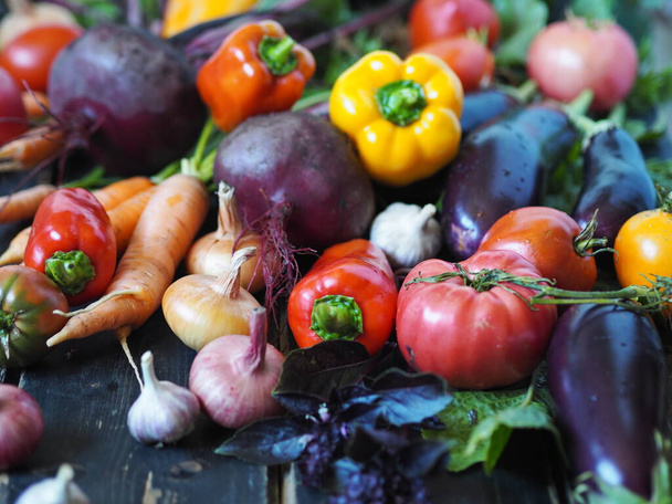 Bahçeden taze organik sebzeler, ahşap bir arka planda. Sağlıklı gıda kavramı. - Fotoğraf, Görsel