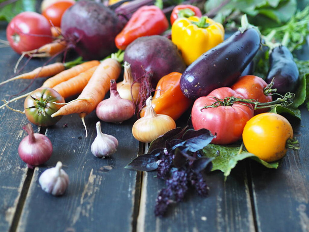 Agricultural background. Heap of fresh vegetables on a rustic wooden dark background. - Foto, immagini