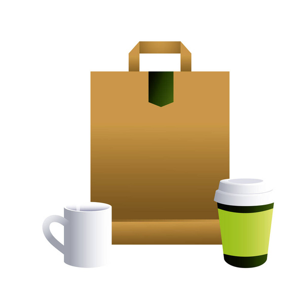 паперовий мішок і чашки кави для іміджу брендів
 - Вектор, зображення