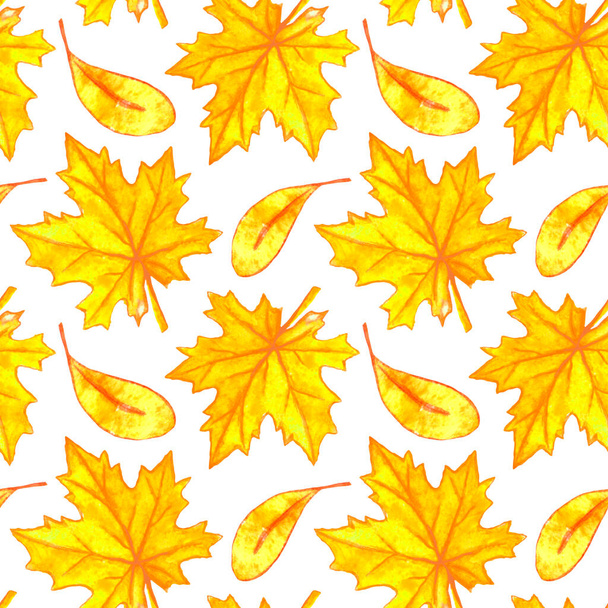 Suluboya sonbaharı pürüzsüz bir desen bırakır. Renkli sonbahar arkaplanı ve sezonluk tasarım, ambalaj, ev dokuması, kumaş, şükran günü teması ve mutlu sonbahar. - Fotoğraf, Görsel