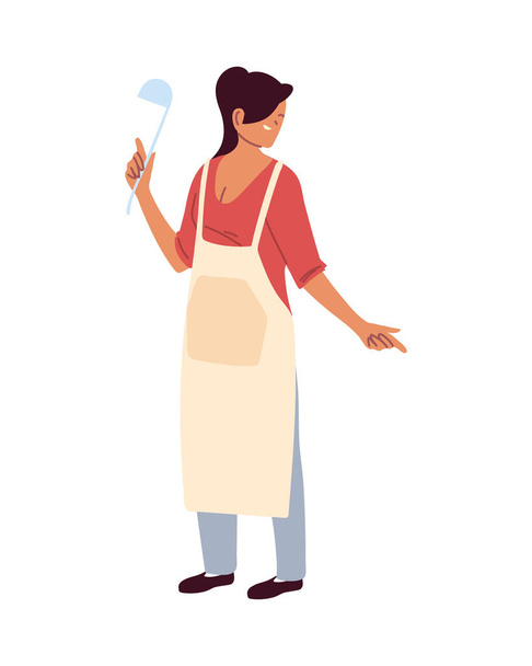 Молодая женщина повар с фартуком на белом фоне - Вектор,изображение