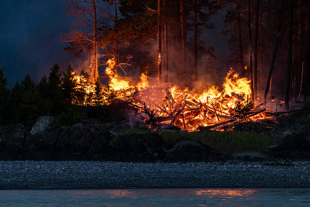 Heftige Flammen von einem massiven Waldbrand in der Nacht. Die Flammen leuchten nachts, wenn sie durch die Wälder toben, vor dem Hintergrund der Berge und des Flusses - Foto, Bild