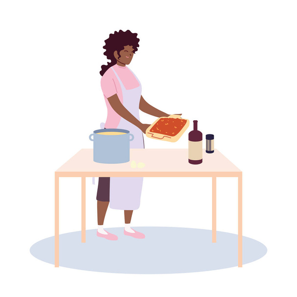 young woman cooking a delicious recipe in the kitchen - Vector, Image