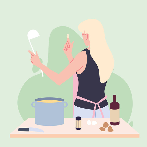 jeune femme cuisine soupe dans la cuisine - Vecteur, image