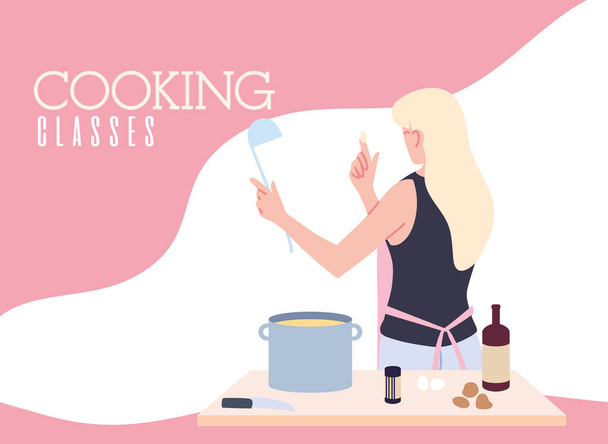young woman in cooking class making soup - Vector, Image