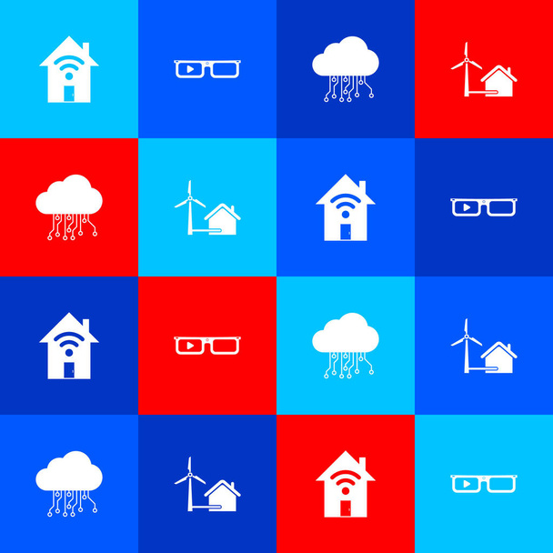 Set Smart home with wi-fi, glasses, Internet of things and House wind turbine icon. Vector. - Vector, Image