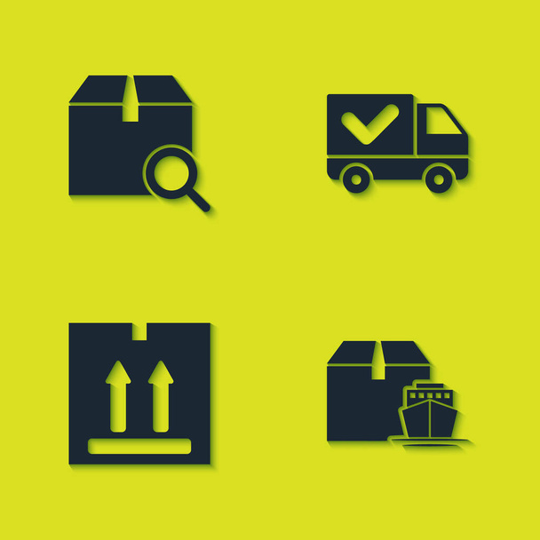 Set Search package, Teherhajó dobozokkal, Karton forgalom és szállítási teherautó ellenőrző jel ikon. Vektor. - Vektor, kép