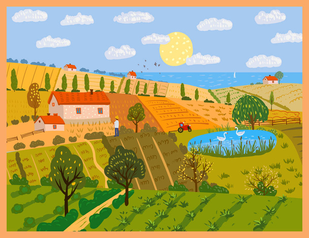 Jesienna panorama wiejskie pola farmy. Jesienny wiejski widok rustykalny, drzewa, wzgórza żółty pomarańczowy liści. Ilustracja wektor izolowane plakat baner okładka karty - Wektor, obraz