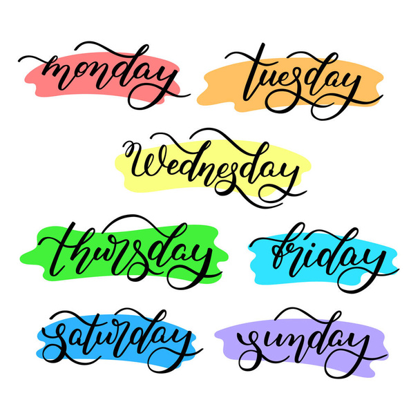 Viikonpäivät - maanantai, tiistai, keskiviikko, torstai, perjantai, lauantai, sunnuntai. Käsin kirjoitetut sanat kalenteri, viikoittainen suunnitelma, järjestäjä. - Vektori, kuva