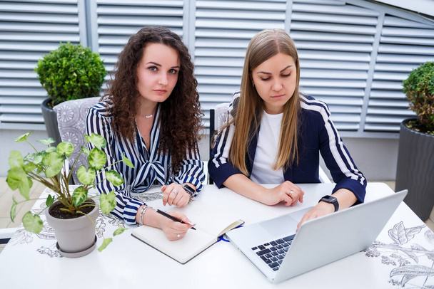 Twee succesvolle jonge zakenvrouwen manager zitten aan een tafel met een laptop en een notebook werken aan een nieuw ontwikkelingsproject, vrouwelijke studenten schrijven een verslag over het werk van hun computer - Foto, afbeelding