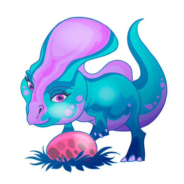 Cute Baby Dinosaur Playin with egg. Parasaurolophus. Cartoon character vector illustration. Can be used for print design greeting card used for print design, banner, poster, flyer template. - Διάνυσμα, εικόνα