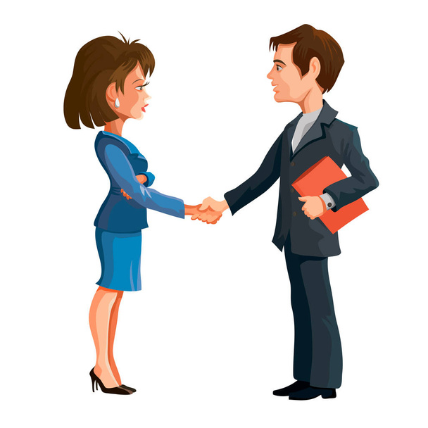 Muž a žena na obchodní schůzi stojí a potřásají si rukama. Obchodní dohoda. Kreslené postavy. Izolované. - Vektor, obrázek