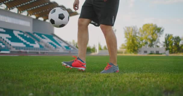 Profesjonalny mężczyzna piłkarz atleta na boisku piłkarskim w zwolnionym tempie w sprzęt sportowy żonglerka piłkę nożną - Materiał filmowy, wideo