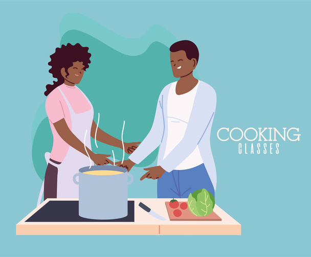 young couple cooking with apron, a pot, and kitchen utensils - Vector, Image