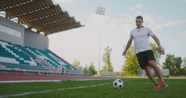 スタジアムのサッカー場でサッカーボールを持って走る男性サッカー選手のクローズアップは、優れたドリブルとボールコントロールを示しています. - 映像、動画