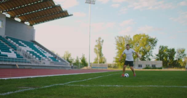 Профессиональный футболист в форме на футбольном поле стадиона делает удар по мячу после успешного бега с мячом по краю - Кадры, видео