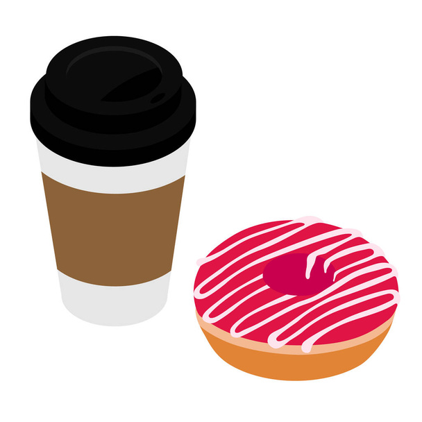 Donut and take away coffee isolated on white background. Disposable coffee cup and sweet dougnut. Isometric view. Vector - Вектор,изображение