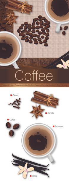 Vector romántico colección de café picante: espresso, vainilla, canela, clavo de olor y granos de café
 - Vector, imagen